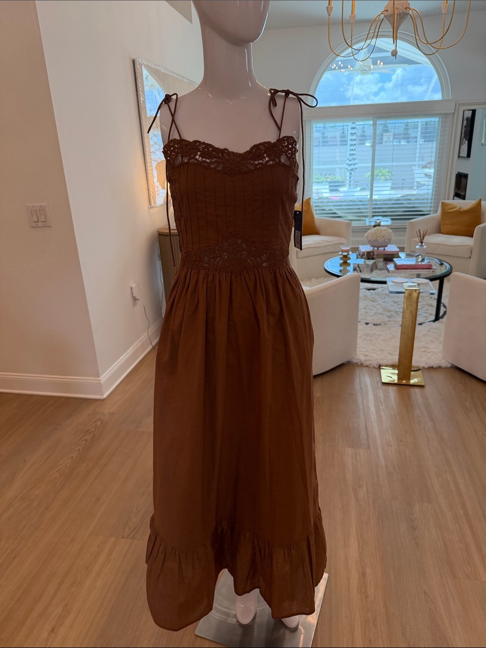 Brown Lace-Trim Tie-Strap Maxi Dress